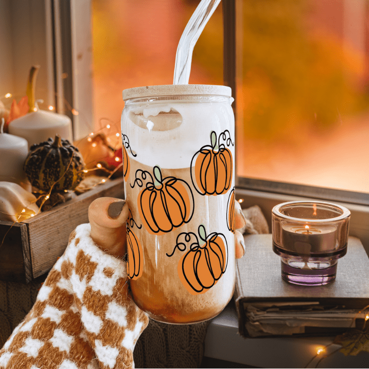 Pumpkin Glass Iced Coffee Cup – 16oz Iced Coffee Tumbler with Lid & Straw