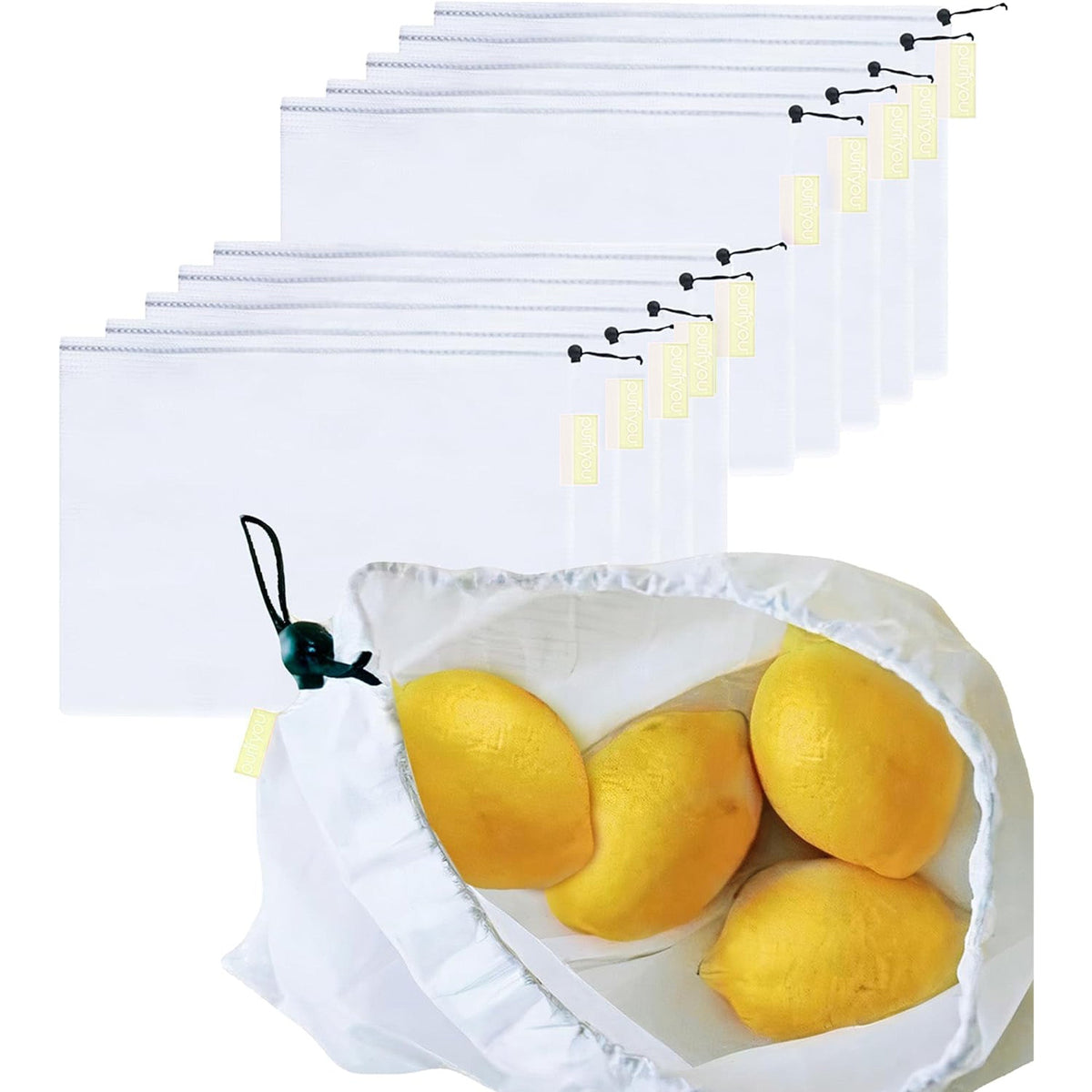 purifyou Reusable Mesh Bags - Market Bag for Fresh Produce, Groceries, Storage & Gifts (sold per set)