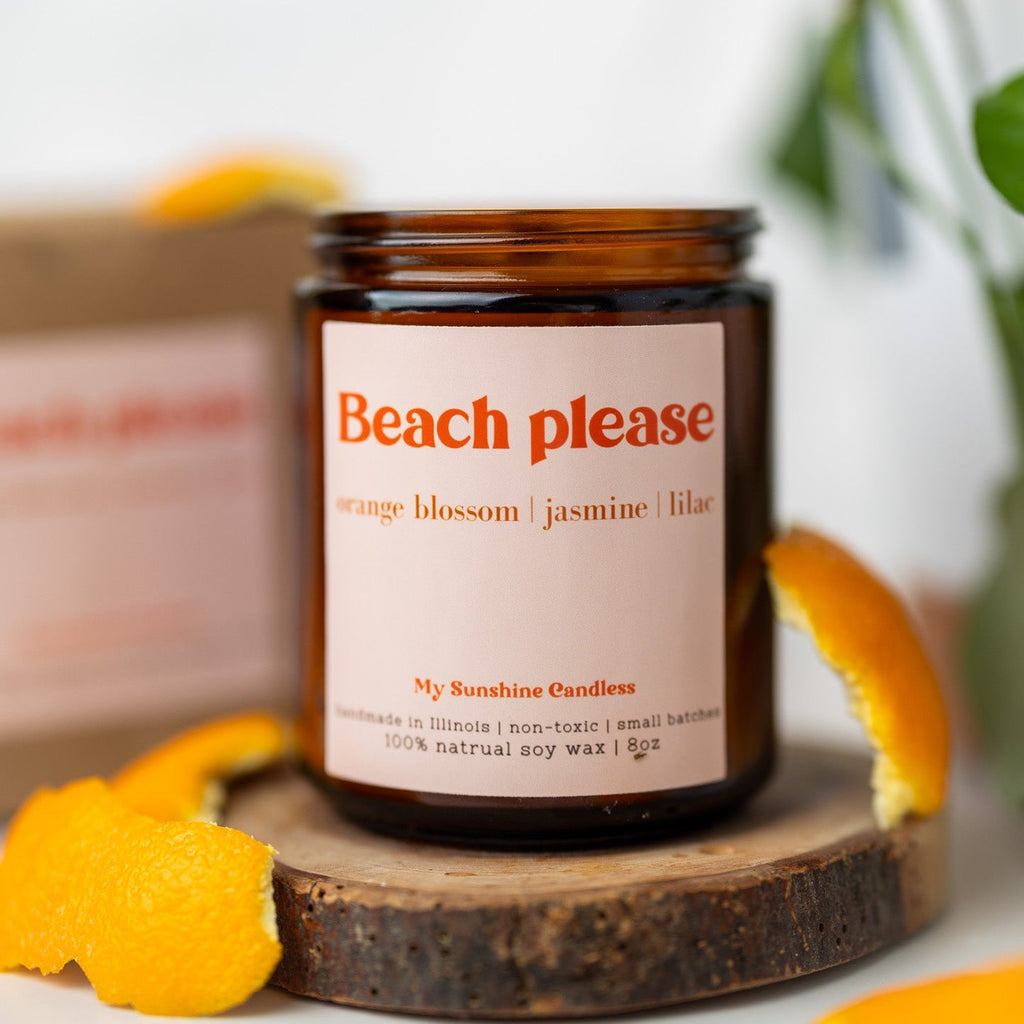 Beach Please Candle – 8 oz Amber Jar Soy Candle – Funny Beach Gift – Coastal Home Fragrance