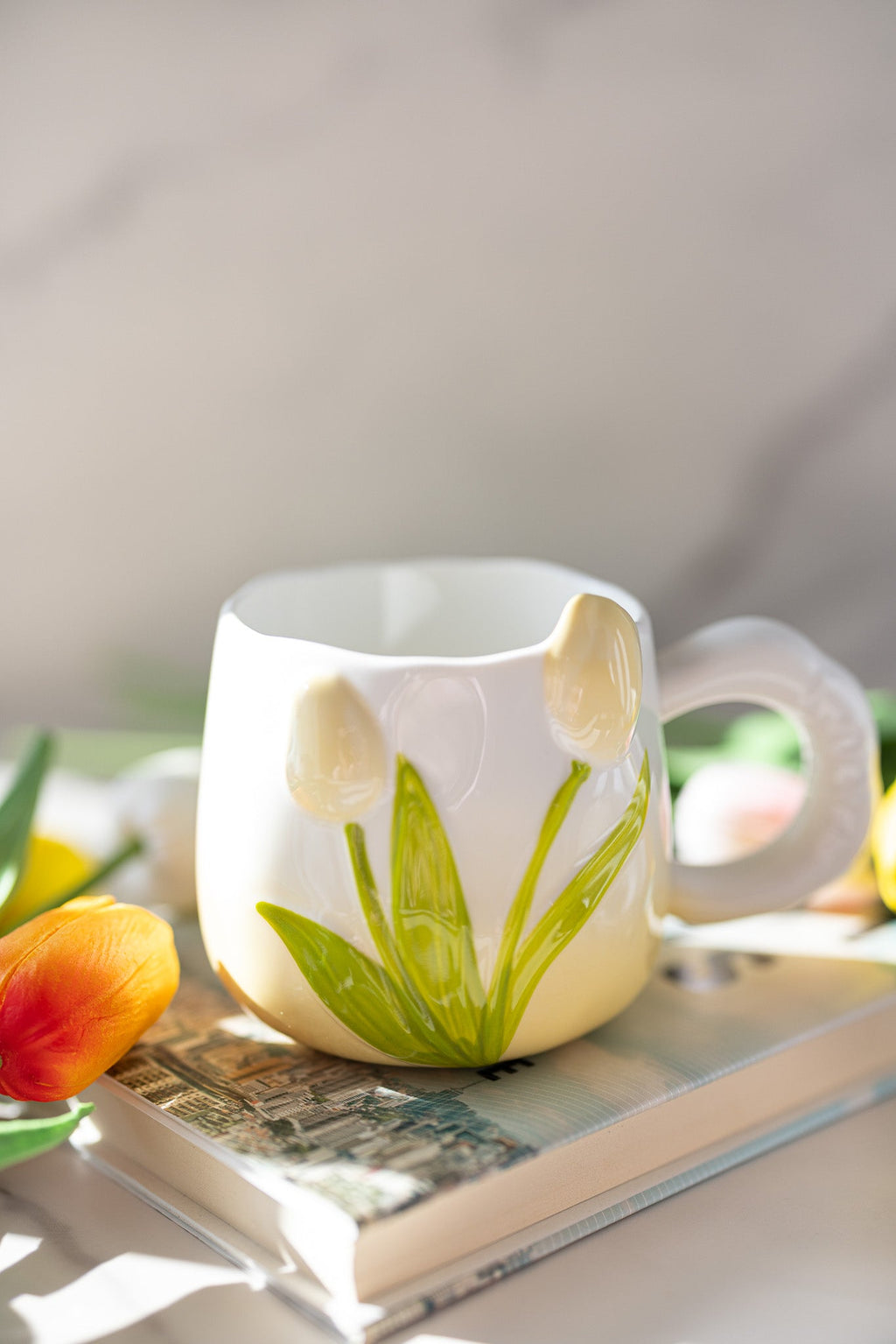 Hand-Painted 3D Tulip Ceramic Coffee Mug (400ml) – Colorful Floral Tea Cup
