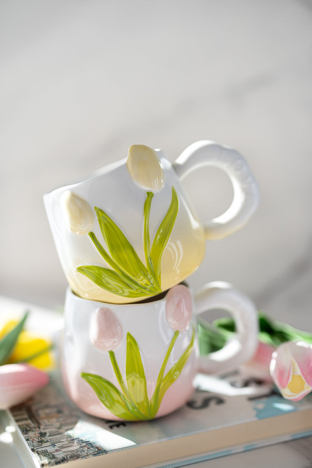 Hand-Painted 3D Tulip Ceramic Coffee Mug (400ml) – Colorful Floral Tea Cup