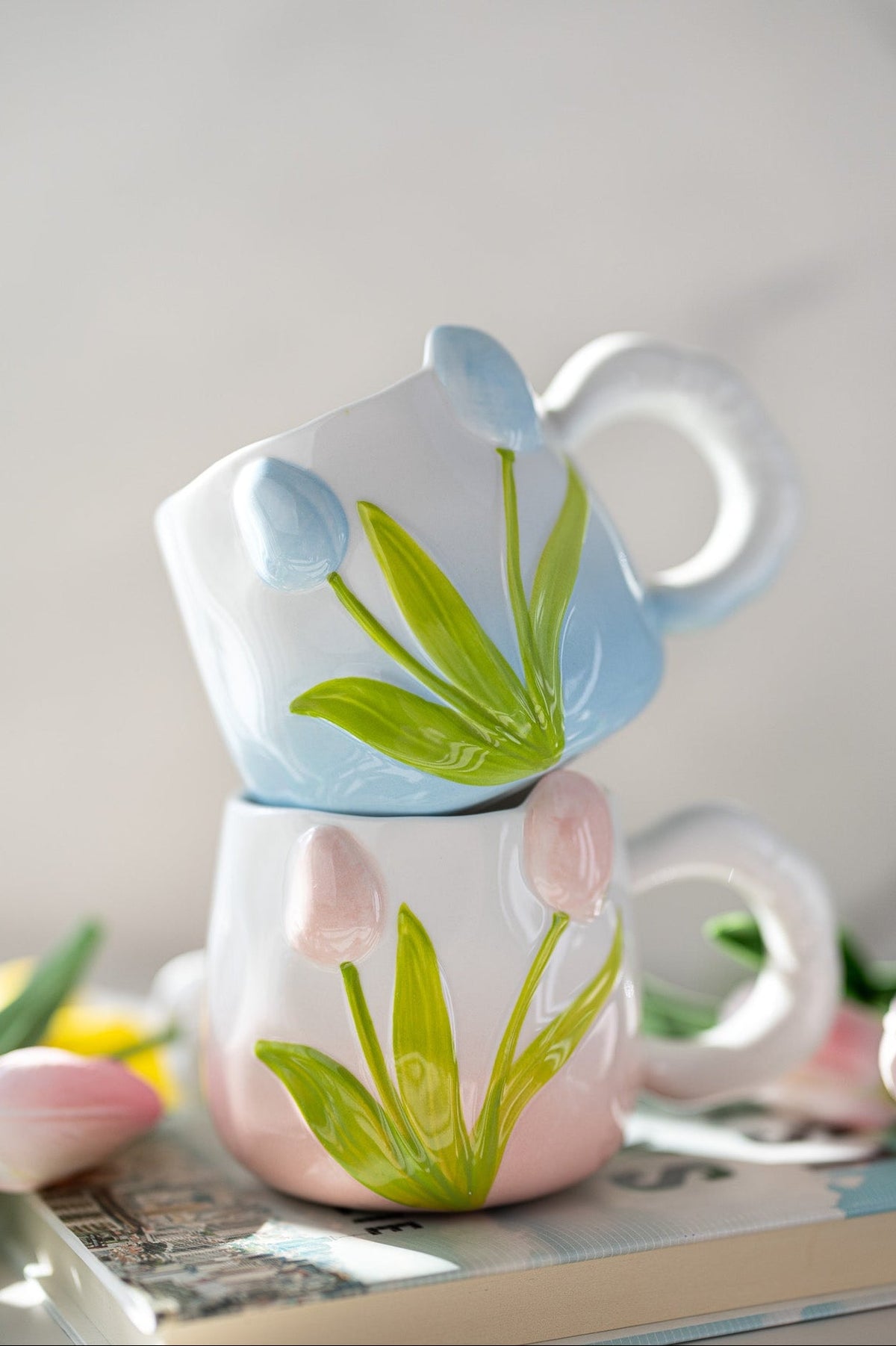 Hand-Painted 3D Tulip Ceramic Coffee Mug (400ml) – Colorful Floral Tea Cup