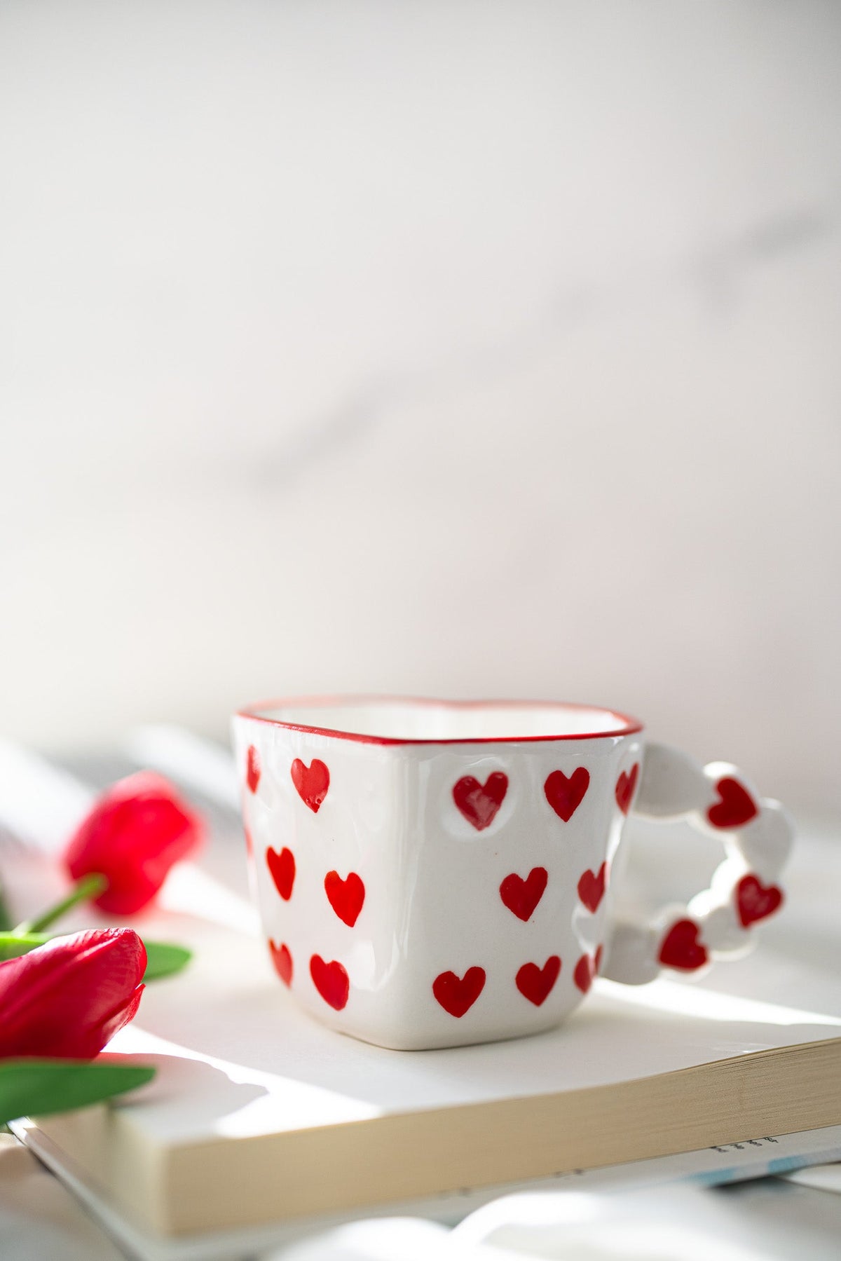 Cute Heart-Shaped Ceramic Mug with Red Heart Design – Romantic Love Gift Cup