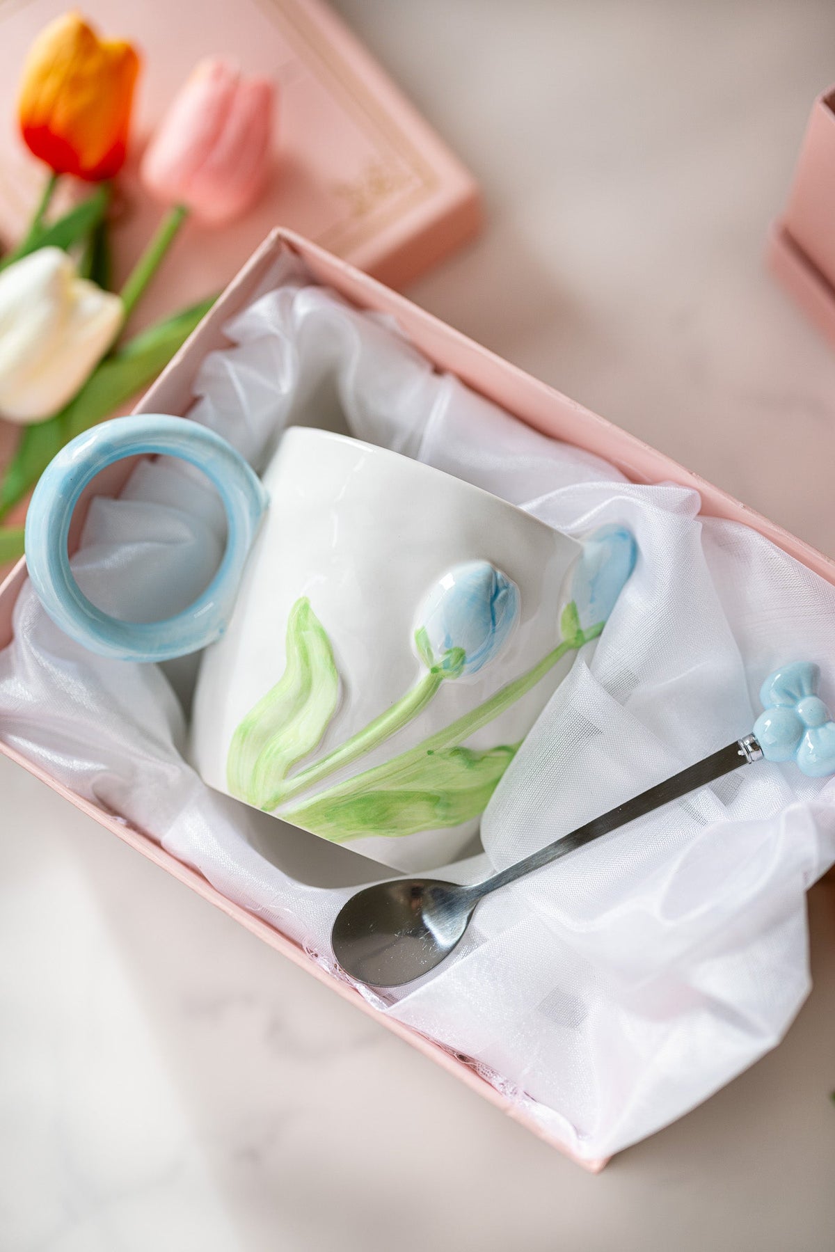 3D Tulip Ceramic Mug with Spoon Gift Set | Hand-Carved Floral Coffee Cup