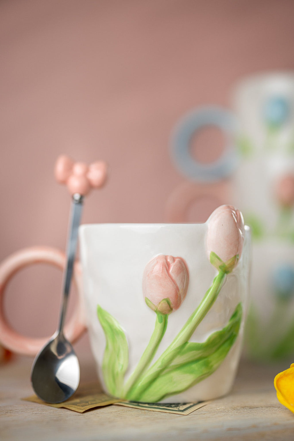 3D Tulip Ceramic Mug with Spoon Gift Set | Hand-Carved Floral Coffee Cup