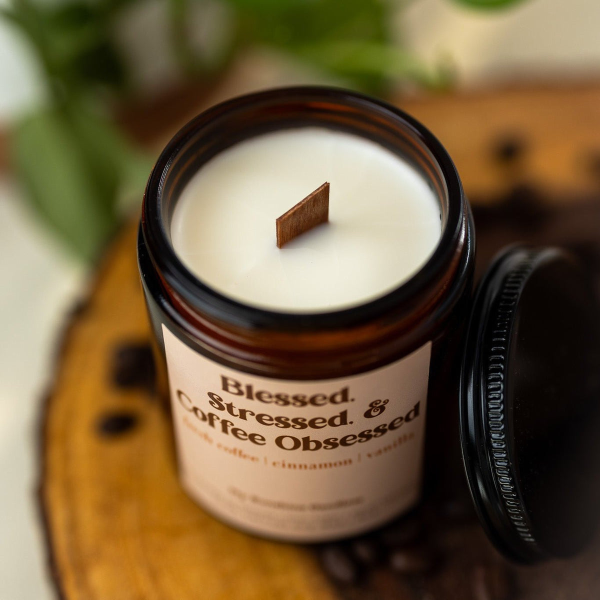 Blessed Stressed & Coffee Obsessed Candle – 8 oz Amber Jar Soy Candle – Funny Coffee Lover Gift