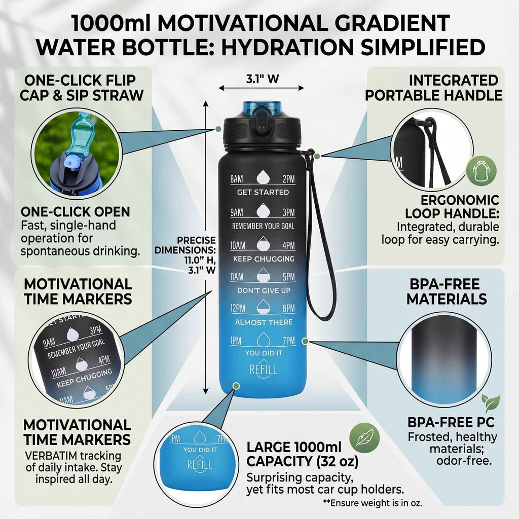 32 oz Gradient Water Bottle with Straw & Motivational Time Markers