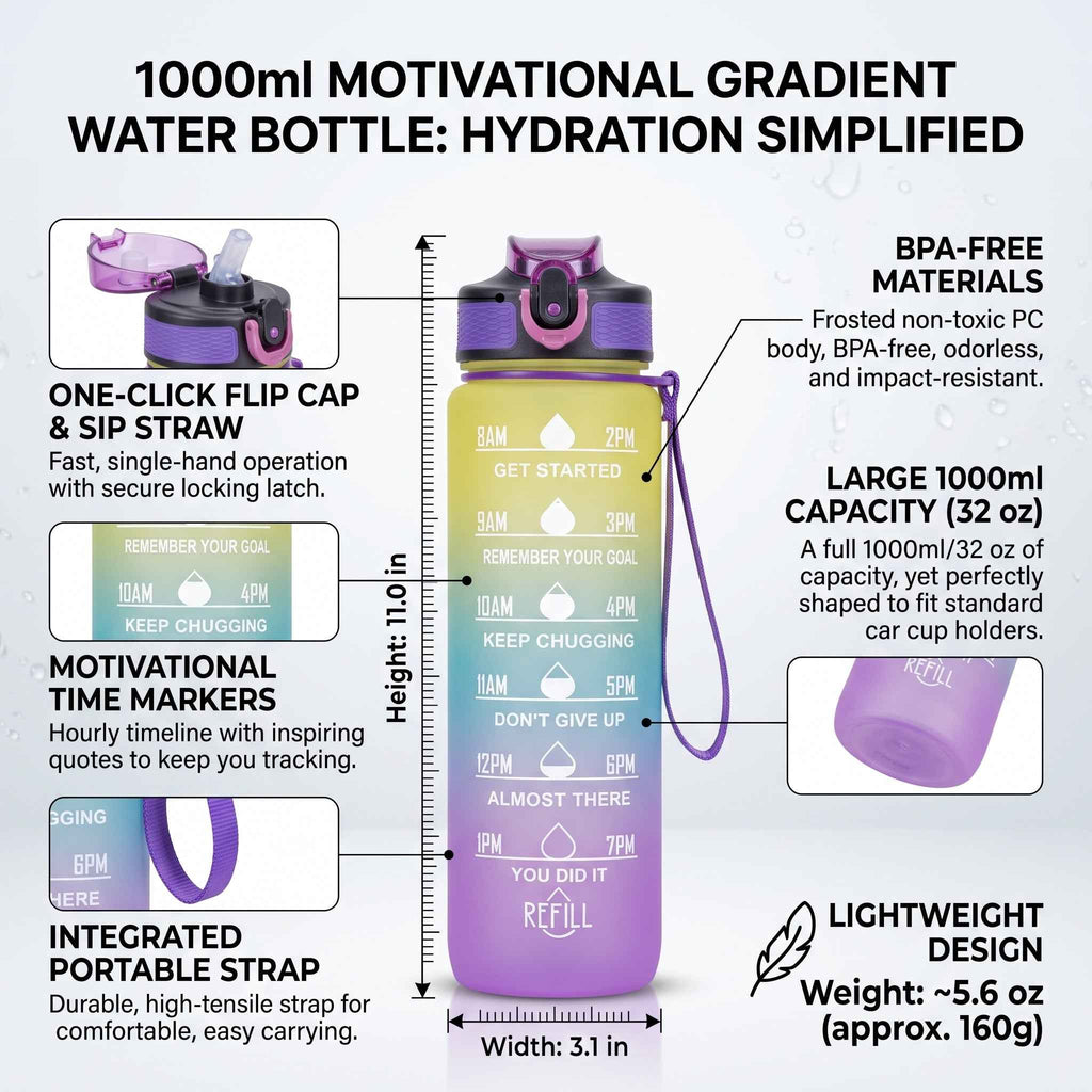 32 oz Gradient Water Bottle with Straw & Motivational Time Markers