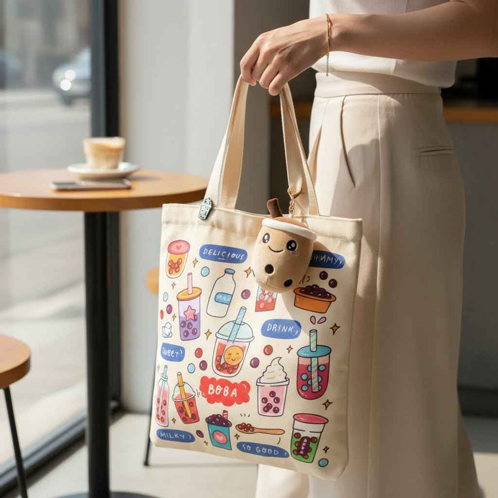 Cream Boba Tote Bag – Cute Gift with Keychain & Enamel Pin
