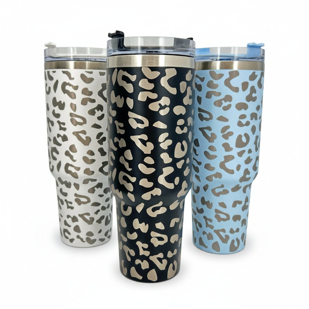 Engraved Leopard Print 40 oz Tumbler with Handle and Straw Lid