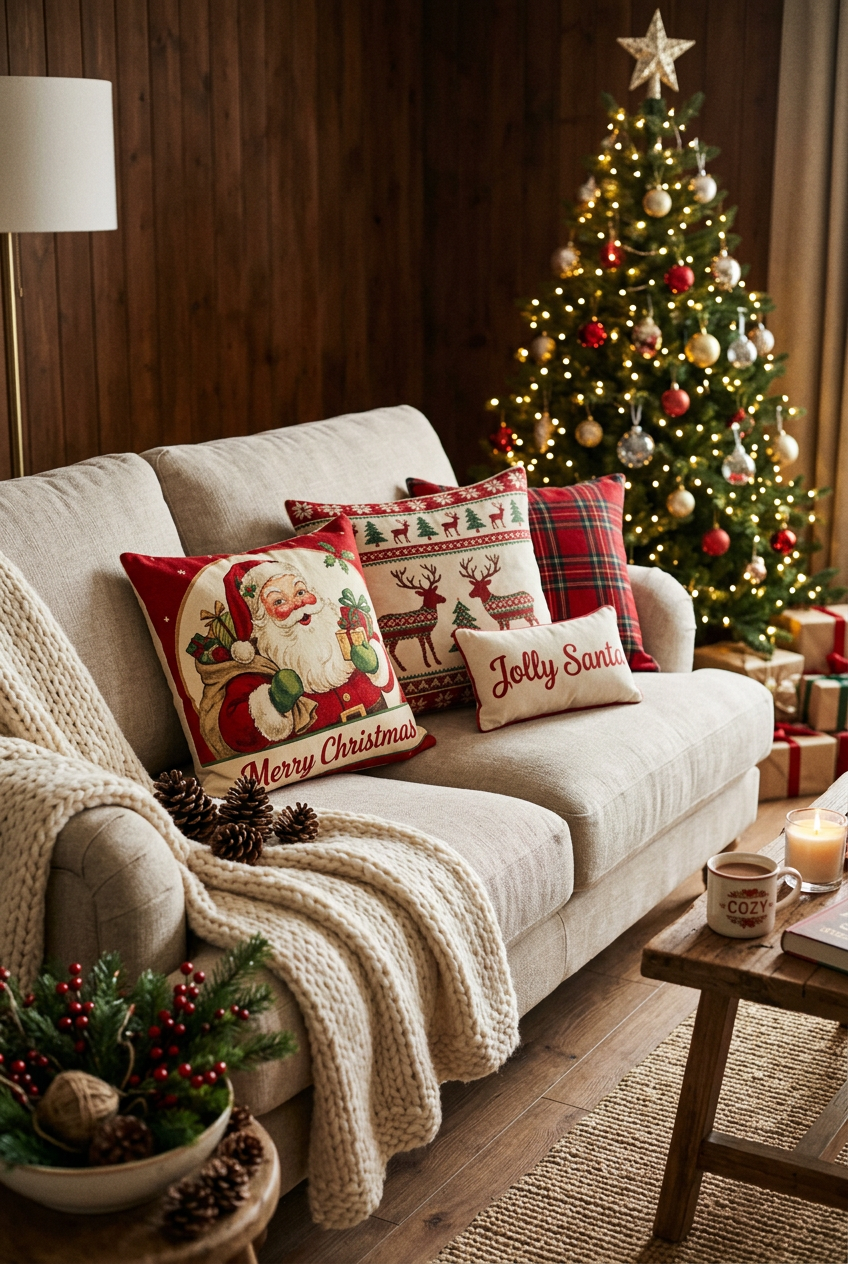 Cozy living room styled with Santa Claus Christmas throw pillow covers on a plush sofa, warm holiday lighting and Christmas tree in background